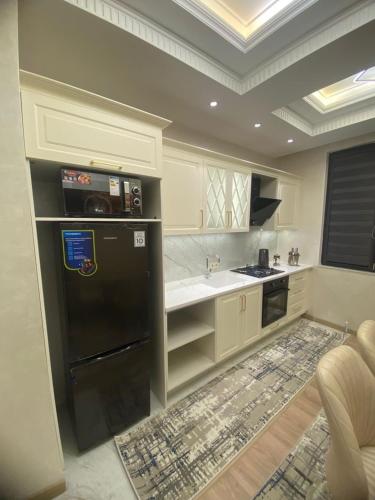Crown apartment في خوجاند: مطبخ مع ثلاجة سوداء ومغسلة