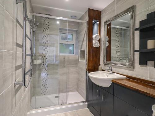 a bathroom with a shower and a sink at Lodge at Nadur in Machynlleth
