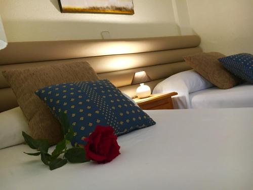 une chambre d'hôtel avec un lit orné d'une fleur dans l'établissement Hotel Cuatro Caños, à Alcalá de Henares