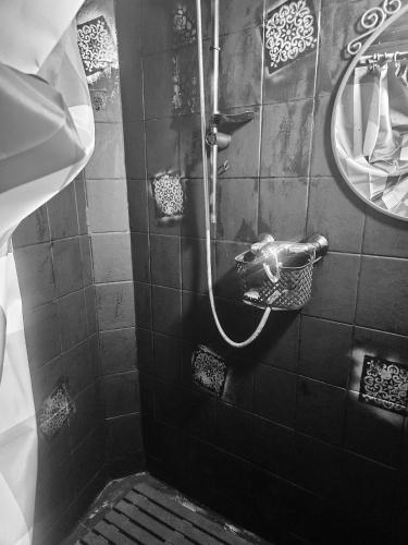 a shower with a hose in a bathroom at Lockable room center in Antwerp