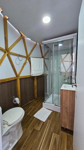 a bathroom with a glass shower and a toilet at Glamping Reserva del Dorado in Sesquilé