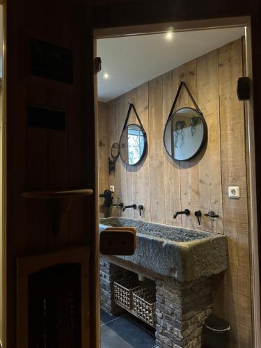a bathroom with a stone sink and two mirrors at Tante Hanna in Winterberg