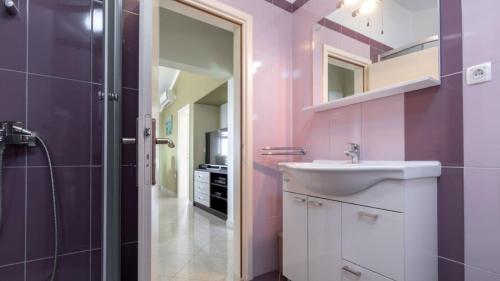 a bathroom with purple walls and a sink and a shower at Villa Vanilla by Villas Guide in Smokvica