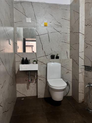 a bathroom with a white toilet and a sink at Riga House in Udaipur