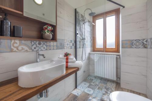 een badkamer met een witte wastafel en een douche bij Rustic Italian House in Roccamorice