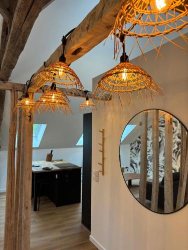 een kamer met een spiegel en wat lampen bij Résidence ARTHUS Thamarys in Pierrefonds