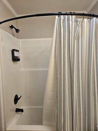 un bagno con doccia con tenda da doccia di West Battle Lake Direct Access - Brand new! a Battle Lake