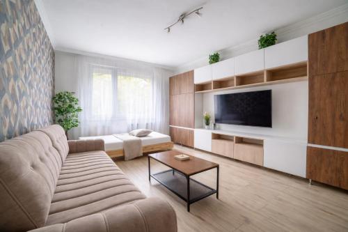 een woonkamer met een bank en een tv bij Comfort 28 Parkside Comfort in Miskolc