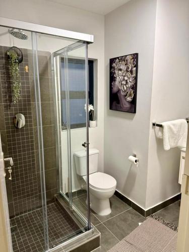 a bathroom with a toilet and a glass shower stall at Cozy Habitat in Gaborone
