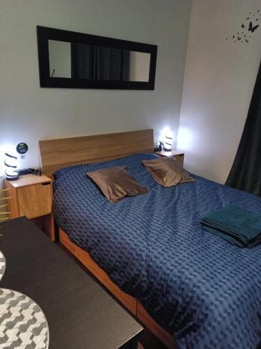 a bedroom with a blue bed with two pillows at Studio cœur de ville in Foix