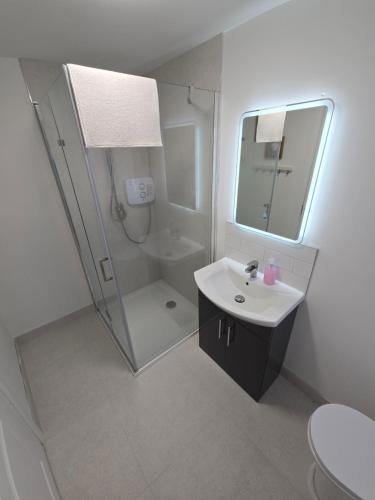 een witte badkamer met douche en wastafel bij 2 Bed Apartment with Harbour Views Apt 2 in Cobh