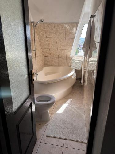 ein Badezimmer mit Toilette und Badewanne in der Unterkunft Apartament EMMA in Bistriţa