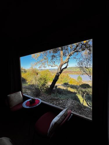 una grande finestra con vista su un albero di The Bungalow - Heated Big Pool - New With Airconditioner a Almoster