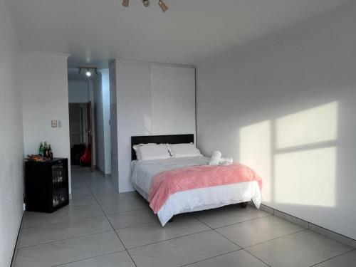 a bedroom with a bed in a white room at Malibu Dream in Gqeberha