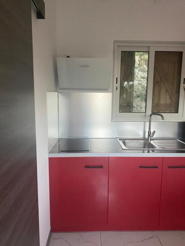 a kitchen with red cabinets and a sink at Bungalow cerise in Morne-à-lʼEau