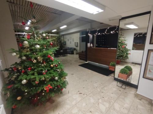 a christmas tree in an office with a christmas decoration at Hostel Arena in Zagreb