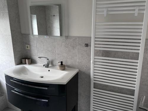 a bathroom with a white sink and a shower at Haus Heiken Apartment Sonnenblume in Altenburg