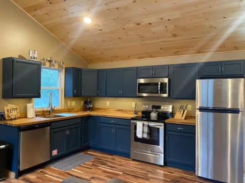 una cucina con armadi blu ed elettrodomestici in acciaio inossidabile di Sullivan Trail Cottage a Tannersville