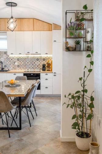 a kitchen with white cabinets and a table with a plant at Apartment MATEJA in Tivat
