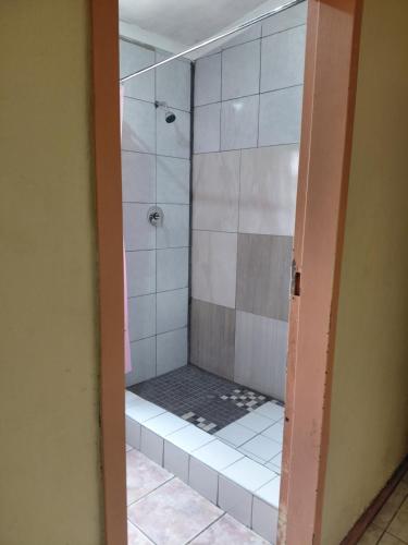 een douche in een badkamer met een glazen deur bij Mama R's Hostel Life Experience in Newcastle