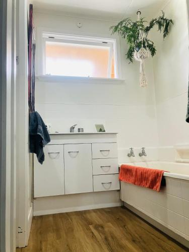 a bathroom with a sink and a bath tub at Rainbow Lodge in Motueka