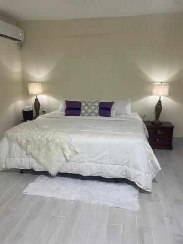 a bedroom with a large white bed with two lamps at Mayra House habitación independiente cerca del aeropuerto las Américas TAXI DISPONIBLE in Andrés