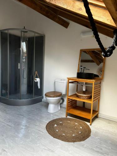 ein Badezimmer mit Toilette und Glasdusche in der Unterkunft Bel Horizon in La Désirade