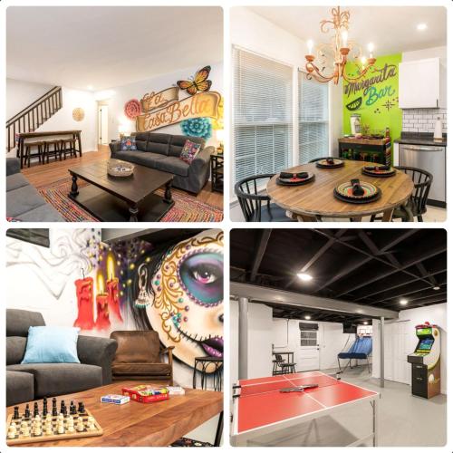 a collage of four pictures of a living room at La Casa Bella 5BR 3BA Games 2 Living Areas in Louisville