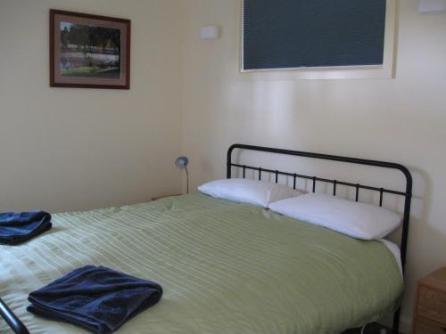 a bedroom with a bed with a green blanket at Delegate Galley Cabin in Delegate