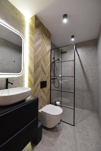 a bathroom with a sink and a toilet and a mirror at Wierchy Resort 21B by AWapartaments in Zakopane