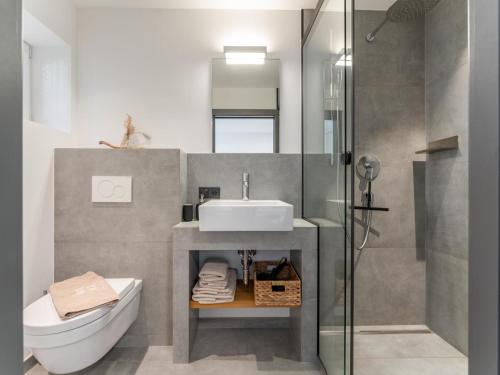 een badkamer met een wastafel, een toilet en een douche bij Leni Top 2 in Dienten am Hochkönig