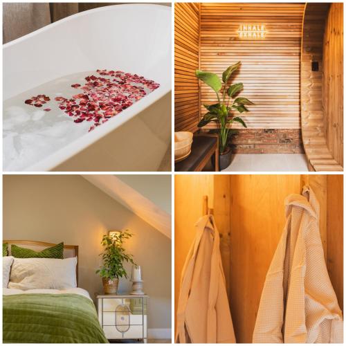 a collage of pictures of a bedroom and a bed at Health & Wellness House Hot Tub, Sauna & Ice Bath in Netley