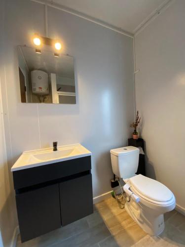 a bathroom with a white toilet and a sink at La casa de Tokyo in Carmelo
