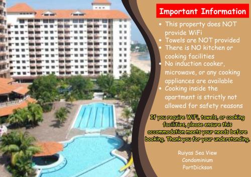 un flyer pour un complexe avec piscine dans l'établissement Ruiyas Sea View Condominium PortDickson, à Port Dickson
