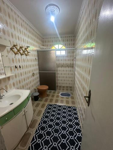 ein Badezimmer mit Waschbecken, Toilette und Dusche in der Unterkunft Pousada próximo ao hospital regional in São José