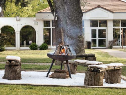 a fire pit in a yard next to a tree at Hotel Mercure Parc du Coudray - Barbizon in Le Coudray-Montceaux