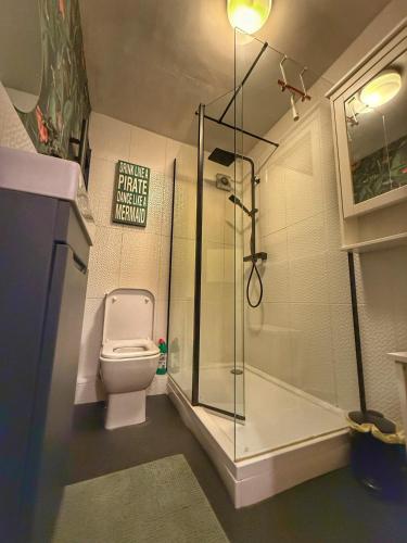 a bathroom with a toilet and a shower with a glass door at Orchard Nook Cottage, 1 bedroom in Barnoldswick