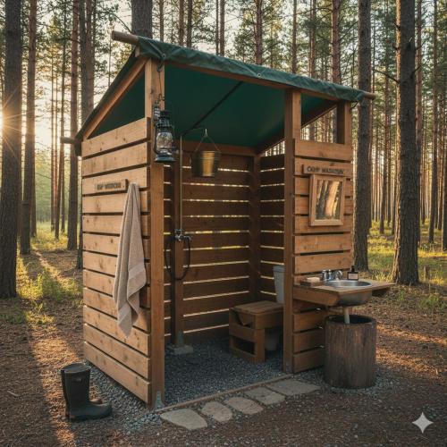 ein hölzernes Nebengebäude mit einem Waschbecken im Wald in der Unterkunft Central Tent in Bukittinggi