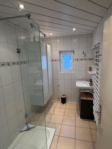 a bathroom with a glass shower and a sink at Gruber Alpin Living in Söll
