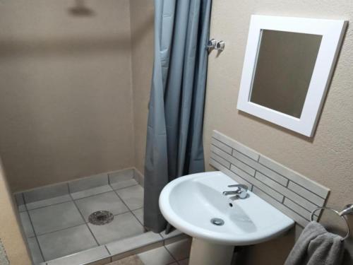 un bagno con lavandino e doccia di Malachite Rest a Nelspruit
