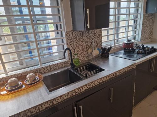 une cuisine avec un évier, une cuisinière et des fenêtres dans l'établissement Luxury Hideout, 