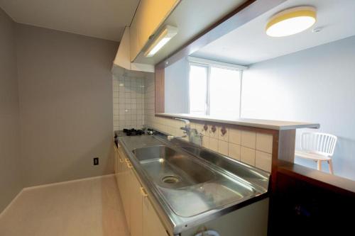 een keuken met een roestvrijstalen wastafel en een raam bij B Cycleトリプルルーム in Biei