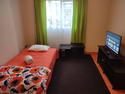 a bedroom with a bed and a television with a stuffed animal at Privado y Acogedor in Puerto Montt