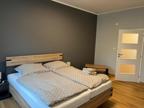 Giường trong phòng chung tại Private Riverside Apartment Brno