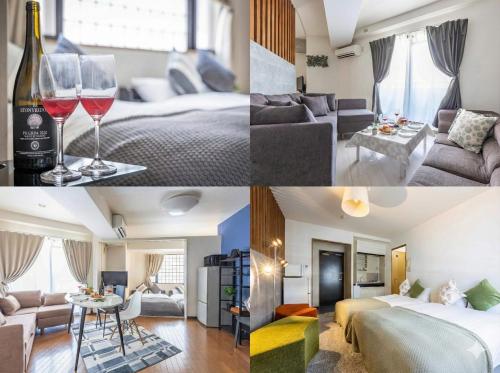 a collage of photos of a hotel room at Racine難波 in Osaka