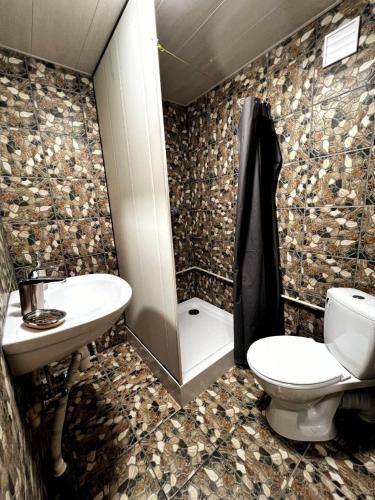 a bathroom with a toilet and a sink and a shower at Cozy Rest House in Verkhovyna