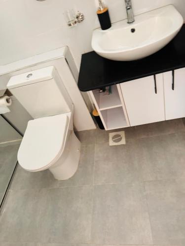 a bathroom with a white toilet and a sink at Safari Cozy Homes in Nairobi