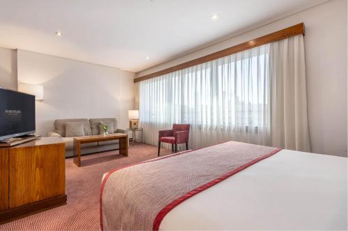 马德里米拉斯拉欧洲之星套房酒店的一间配有床和平板电视的酒店房间