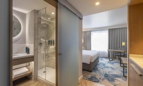 een hotelkamer met een bed en een douche bij Hilton Dublin in Dublin