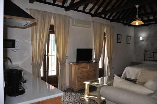 ein Wohnzimmer mit einem Bett und einem TV in der Unterkunft Casa de las Remigias in Estepona
